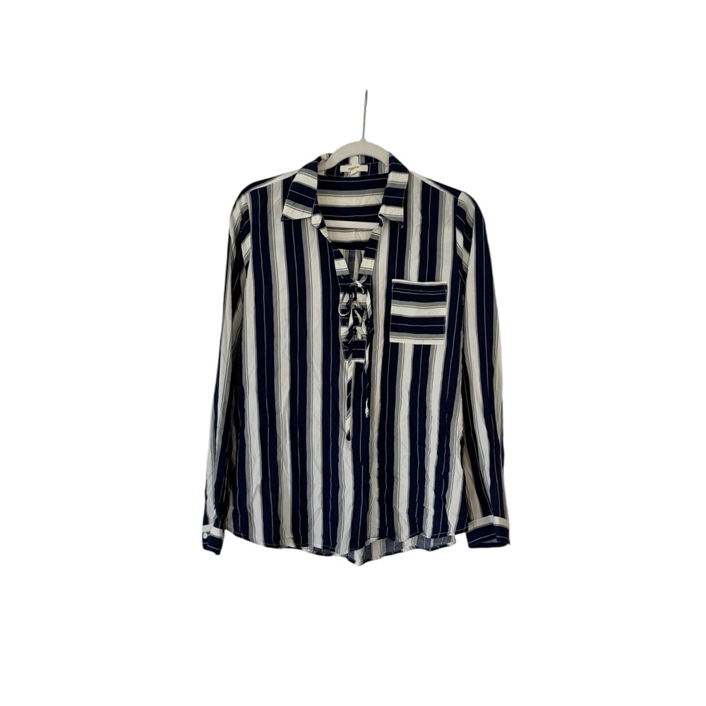 Mystree Navy Blue White‎ Striped Lace Up V-Neck Long Sleeve Blouse Large